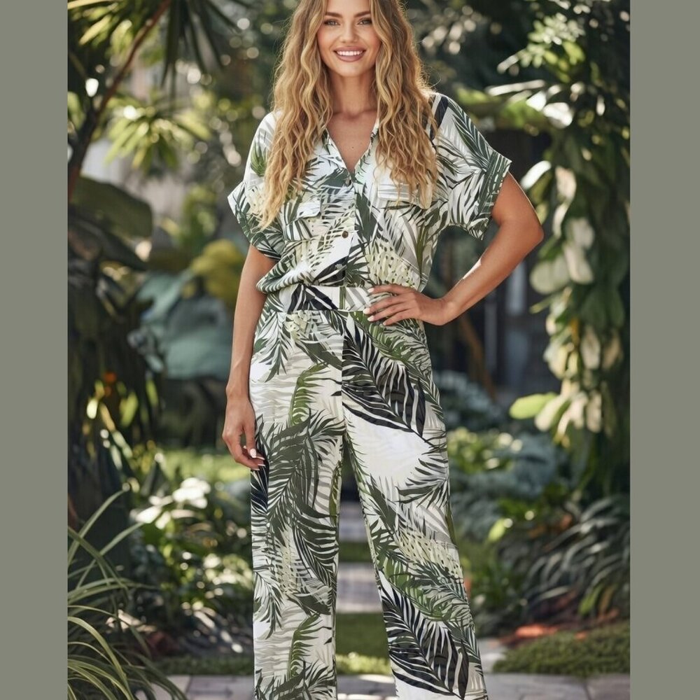 Zara Tropical Palm Print Jumpsuit White Green Short Sleeve Elastic Waist Medium